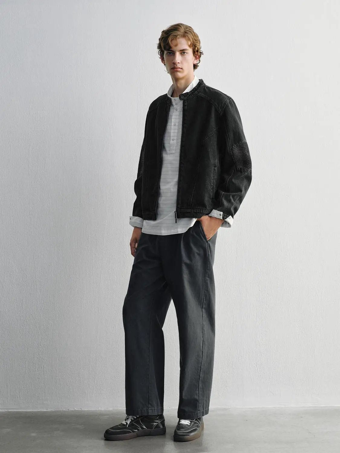 Zipper Front Ribbed Elbow Patch Long Sleeve Cotton Jacket