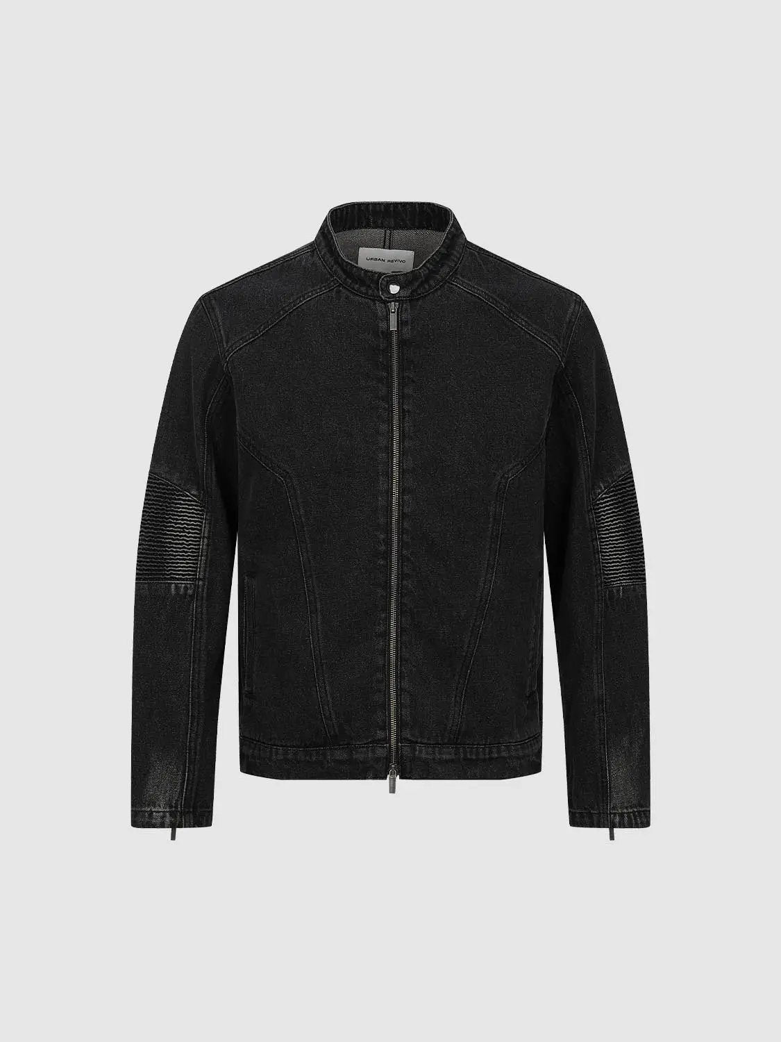 Zipper Front Ribbed Elbow Patch Long Sleeve Cotton Jacket