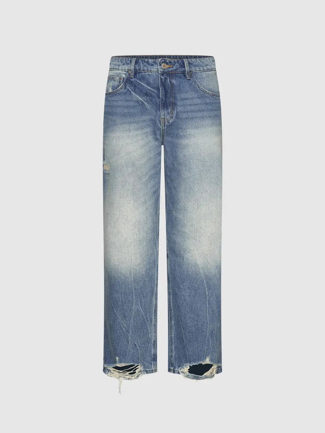 Faded Wash Distressed Raw Hem Straight Cotton Jeans
