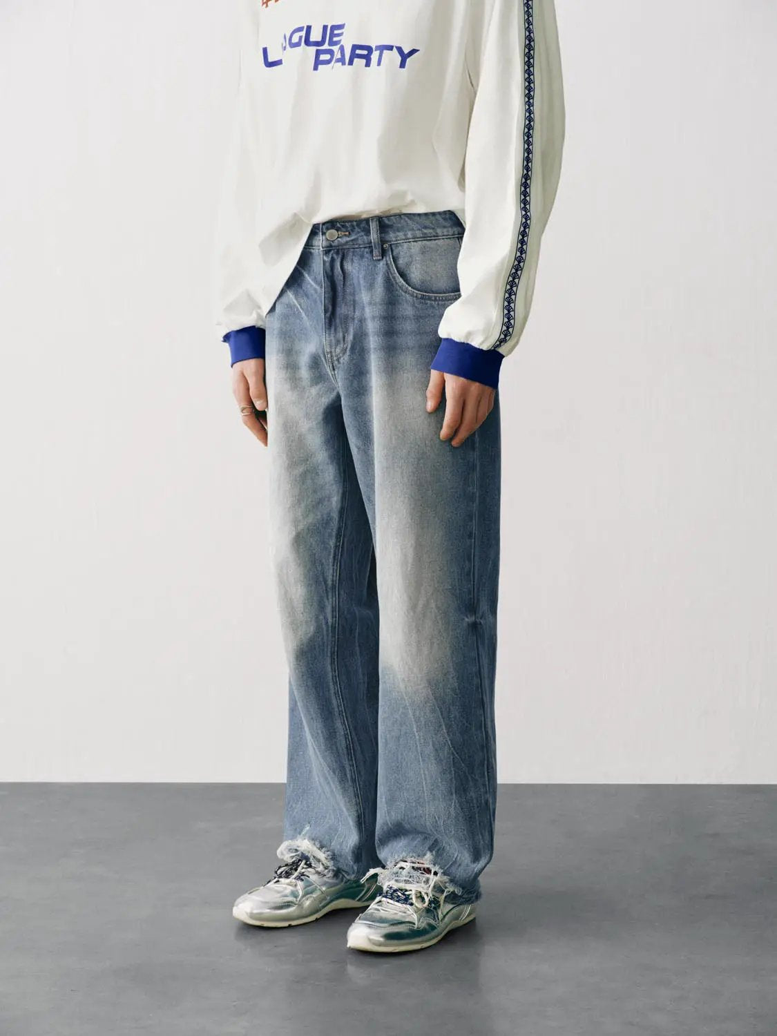 Faded Wash Distressed Raw Hem Straight Cotton Jeans