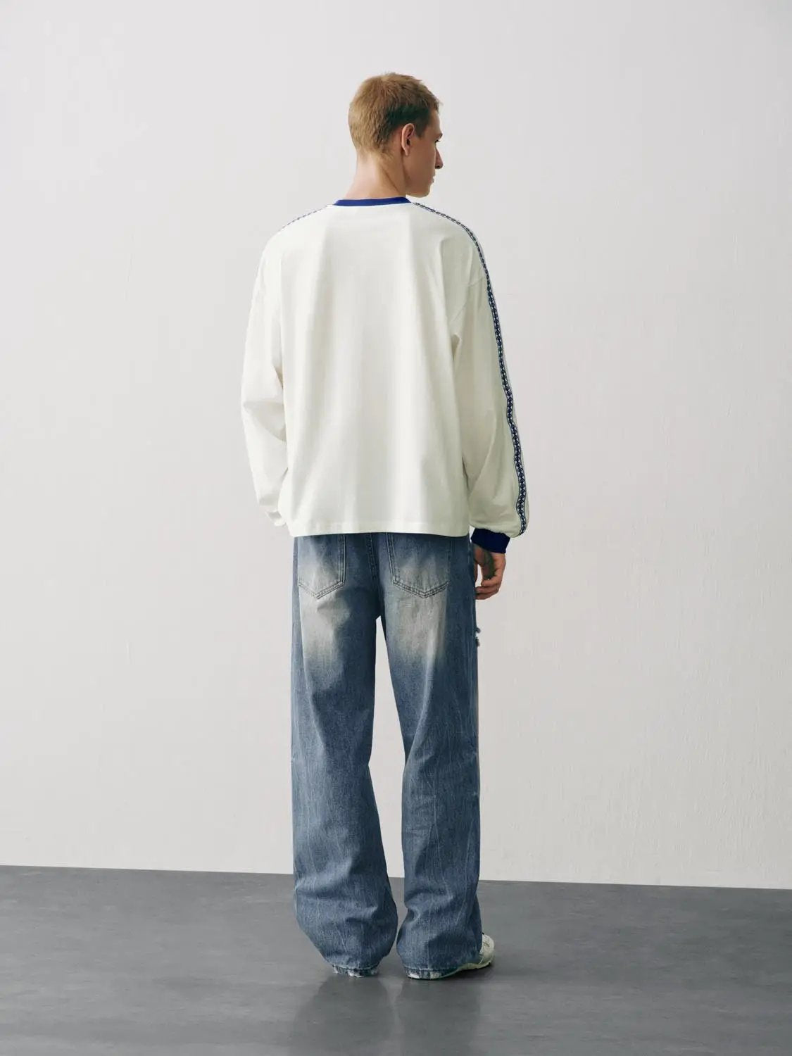 Faded Wash Distressed Raw Hem Straight Cotton Jeans