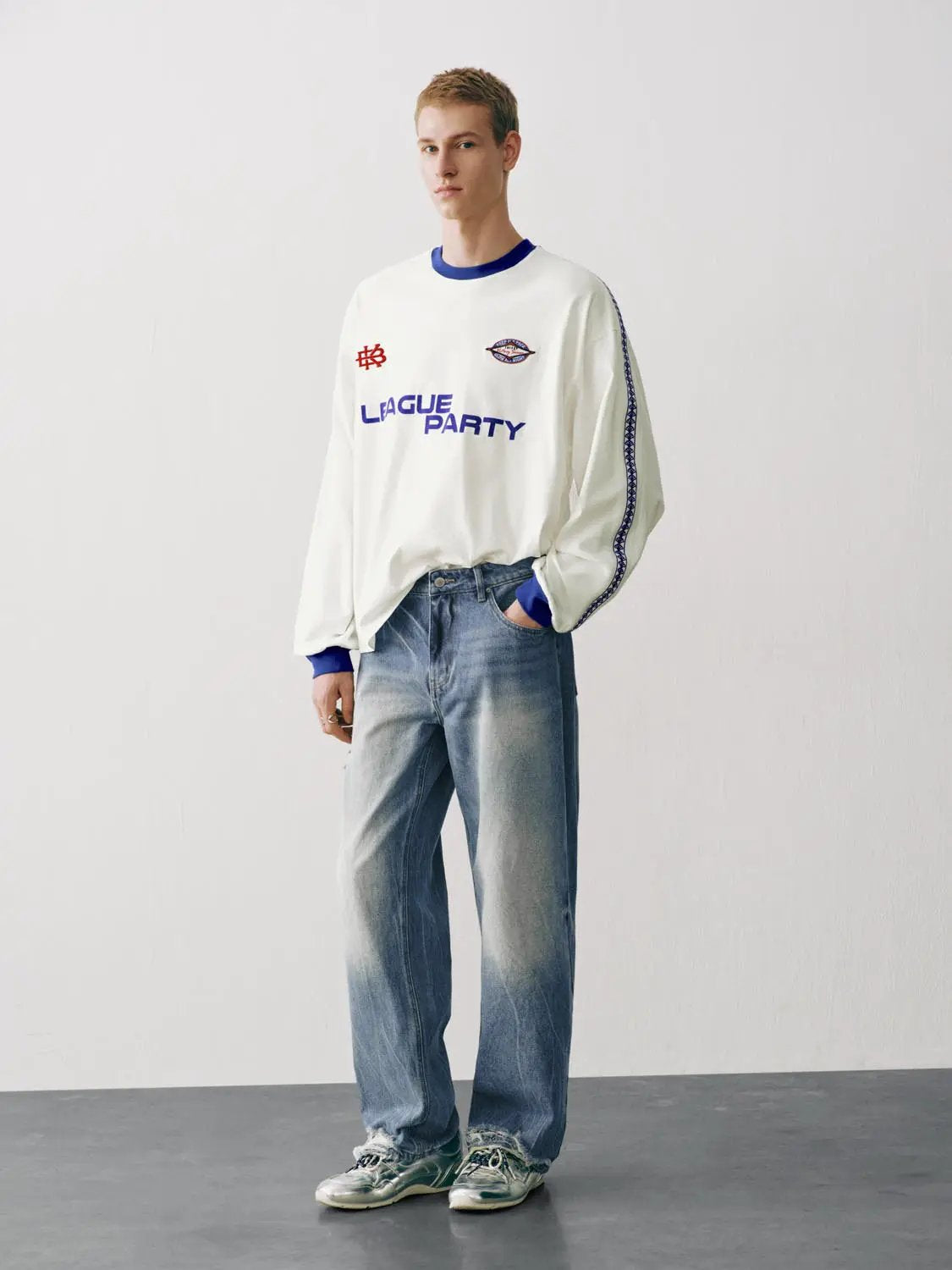 Faded Wash Distressed Raw Hem Straight Cotton Jeans