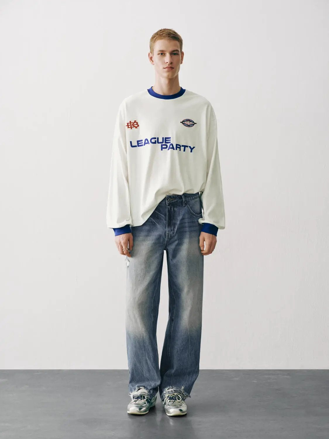 Faded Wash Distressed Raw Hem Straight Cotton Jeans