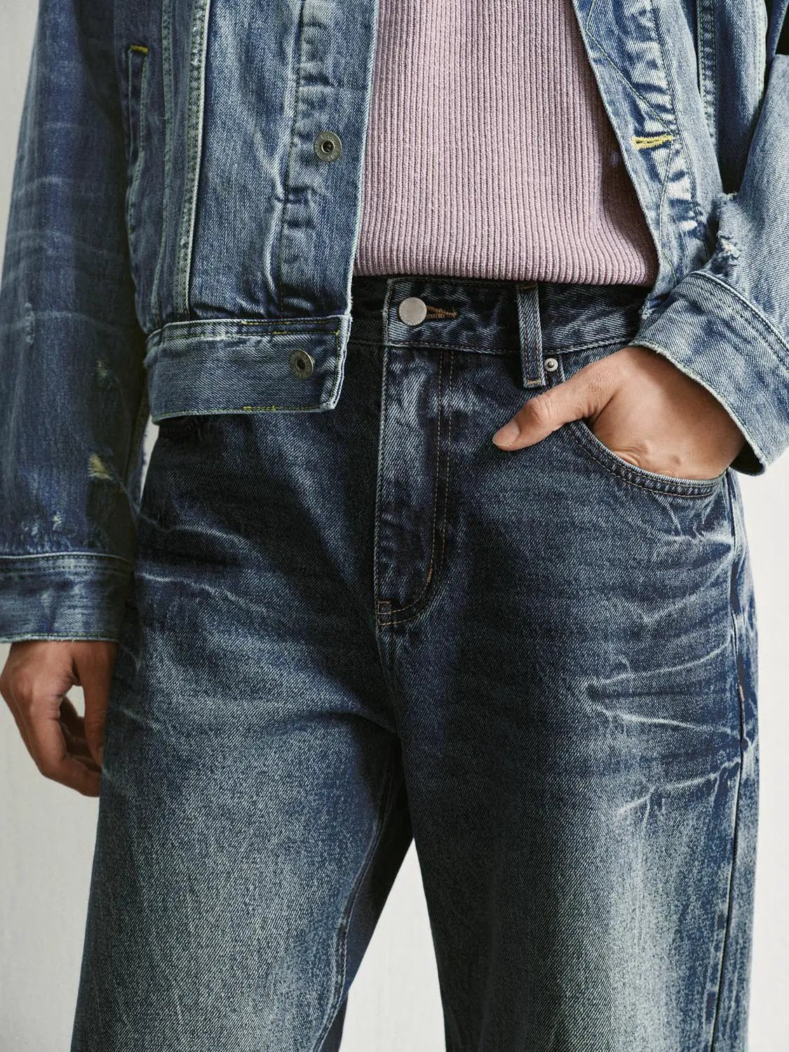 Vintage Washed Wide-leg Mid-rise Cotton Jeans