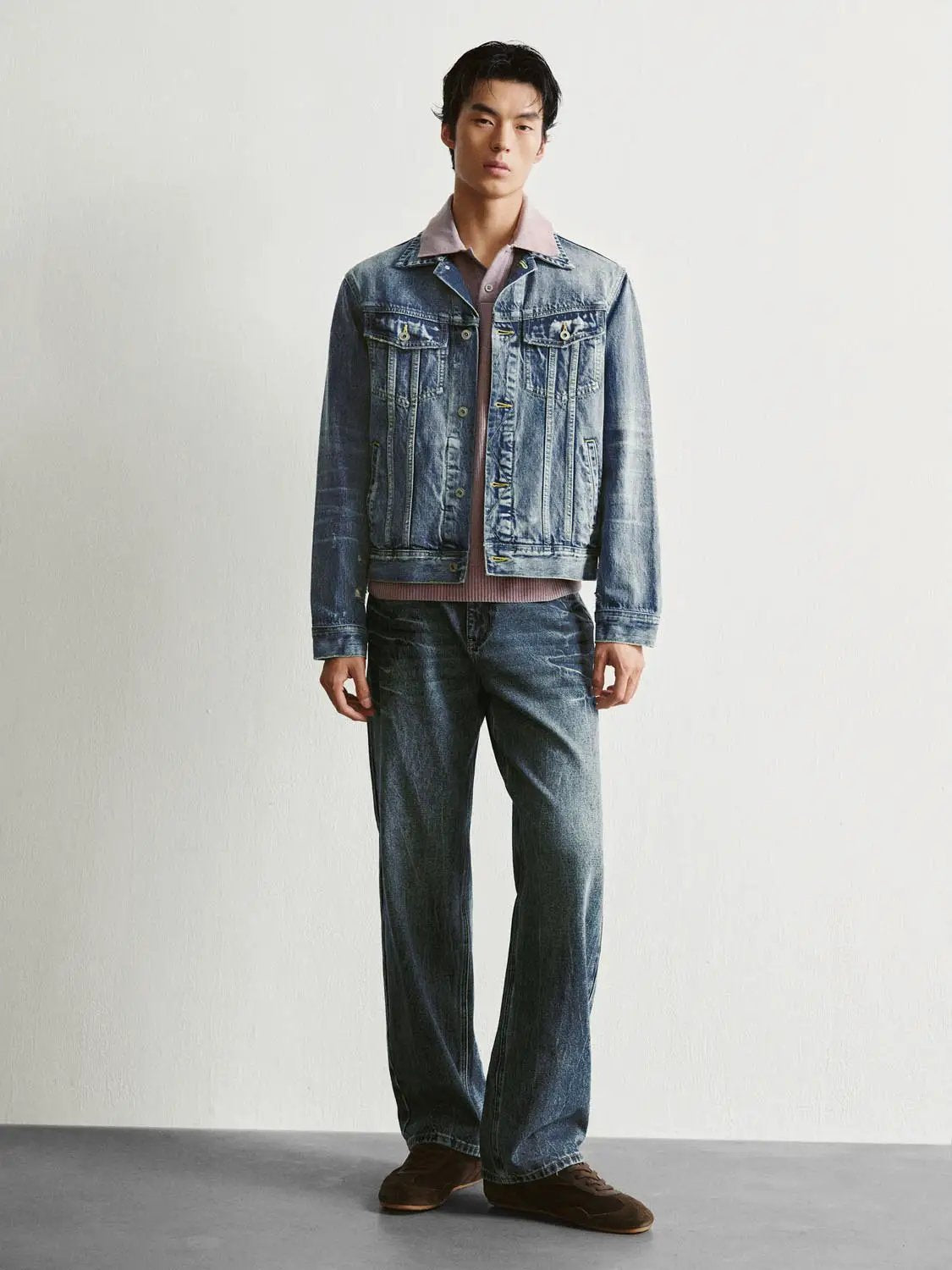 Vintage Washed Wide-leg Mid-rise Cotton Jeans
