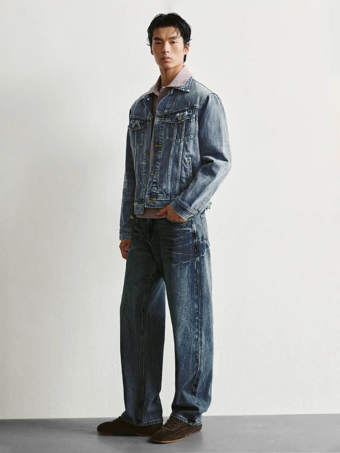 Vintage Washed Wide-leg Mid-rise Cotton Jeans