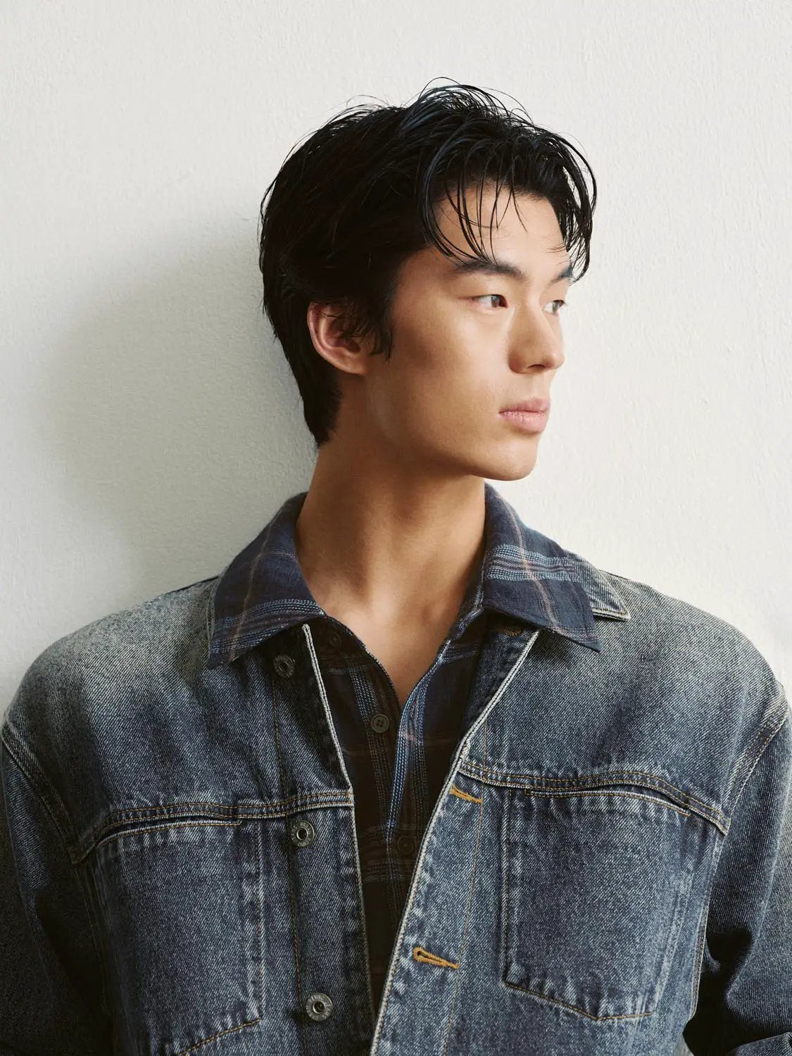 Faded Checked Collar Cotton Long Sleeve Denim Jacket