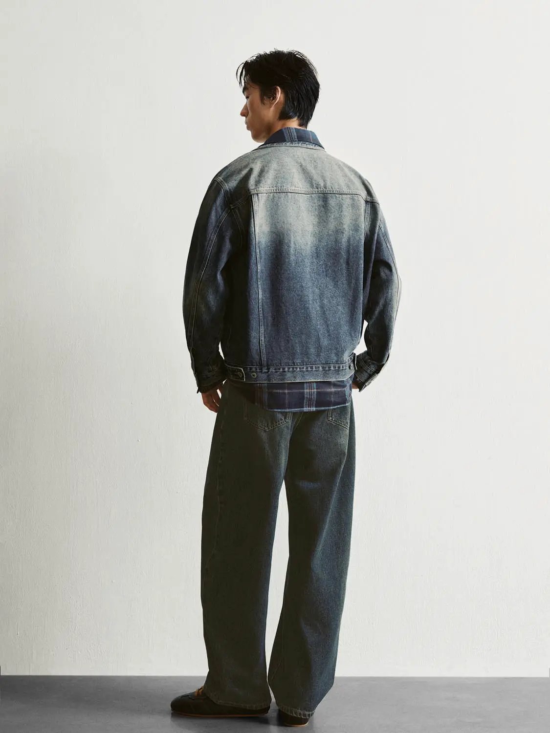 Faded Checked Collar Cotton Long Sleeve Denim Jacket