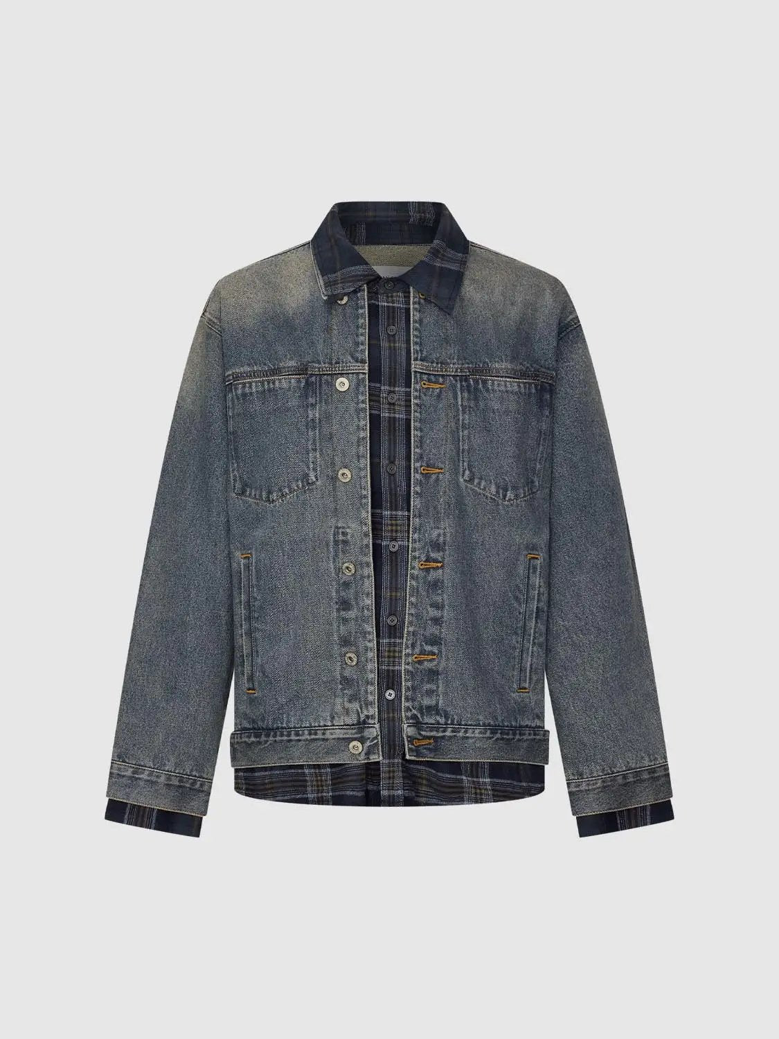 Faded Checked Collar Cotton Long Sleeve Denim Jacket