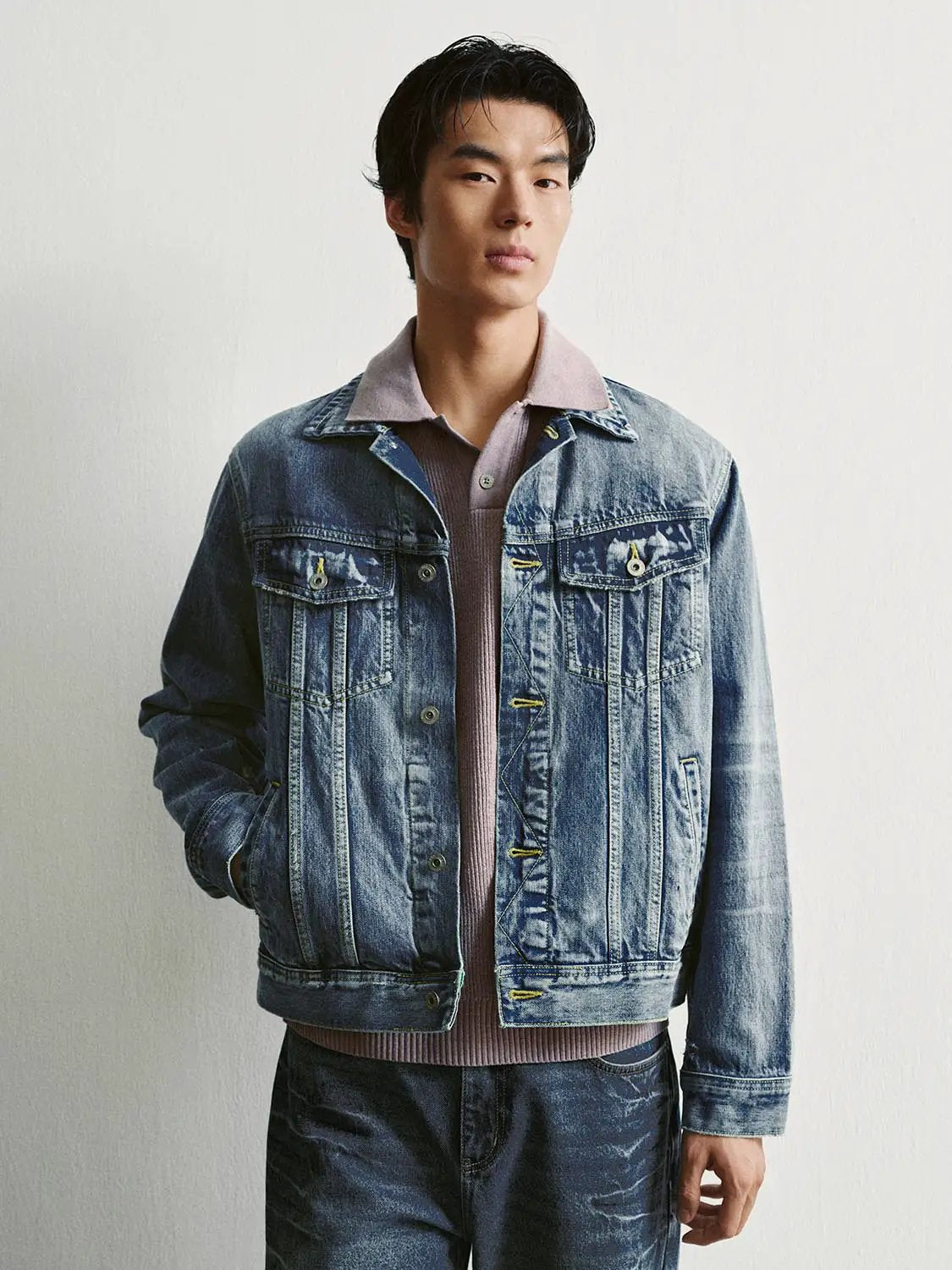 Faded Button Front Long Sleeve Cotton Denim Jacket
