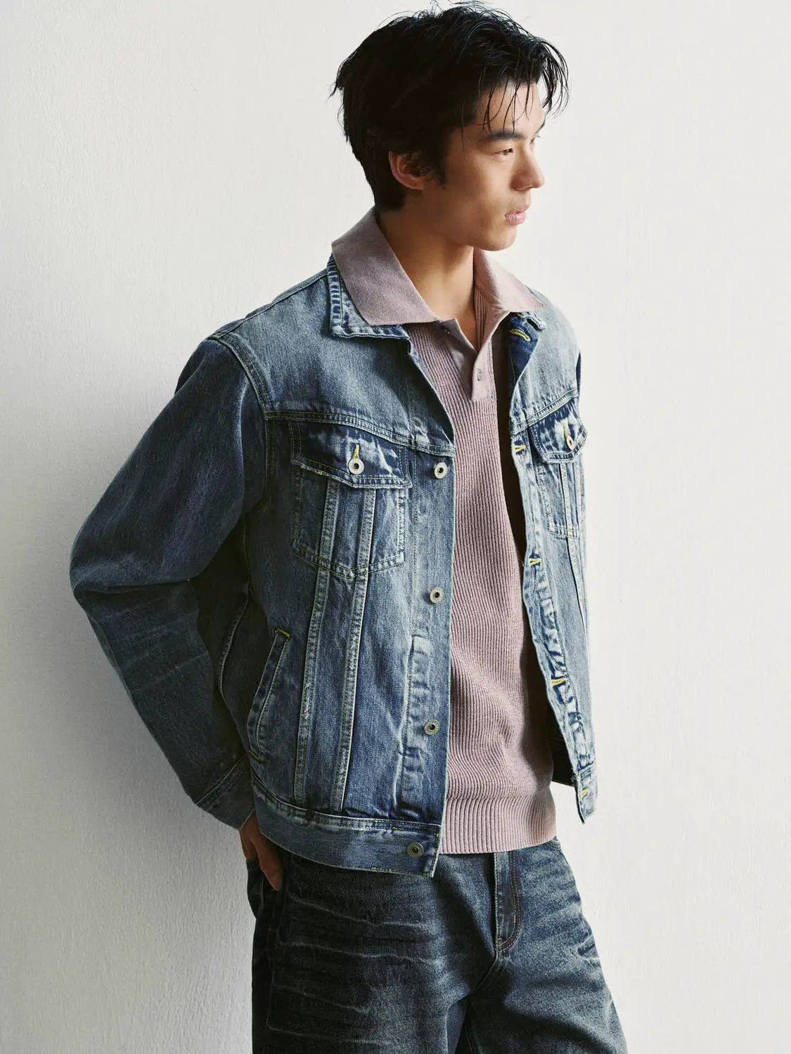 Faded Button Front Long Sleeve Cotton Denim Jacket
