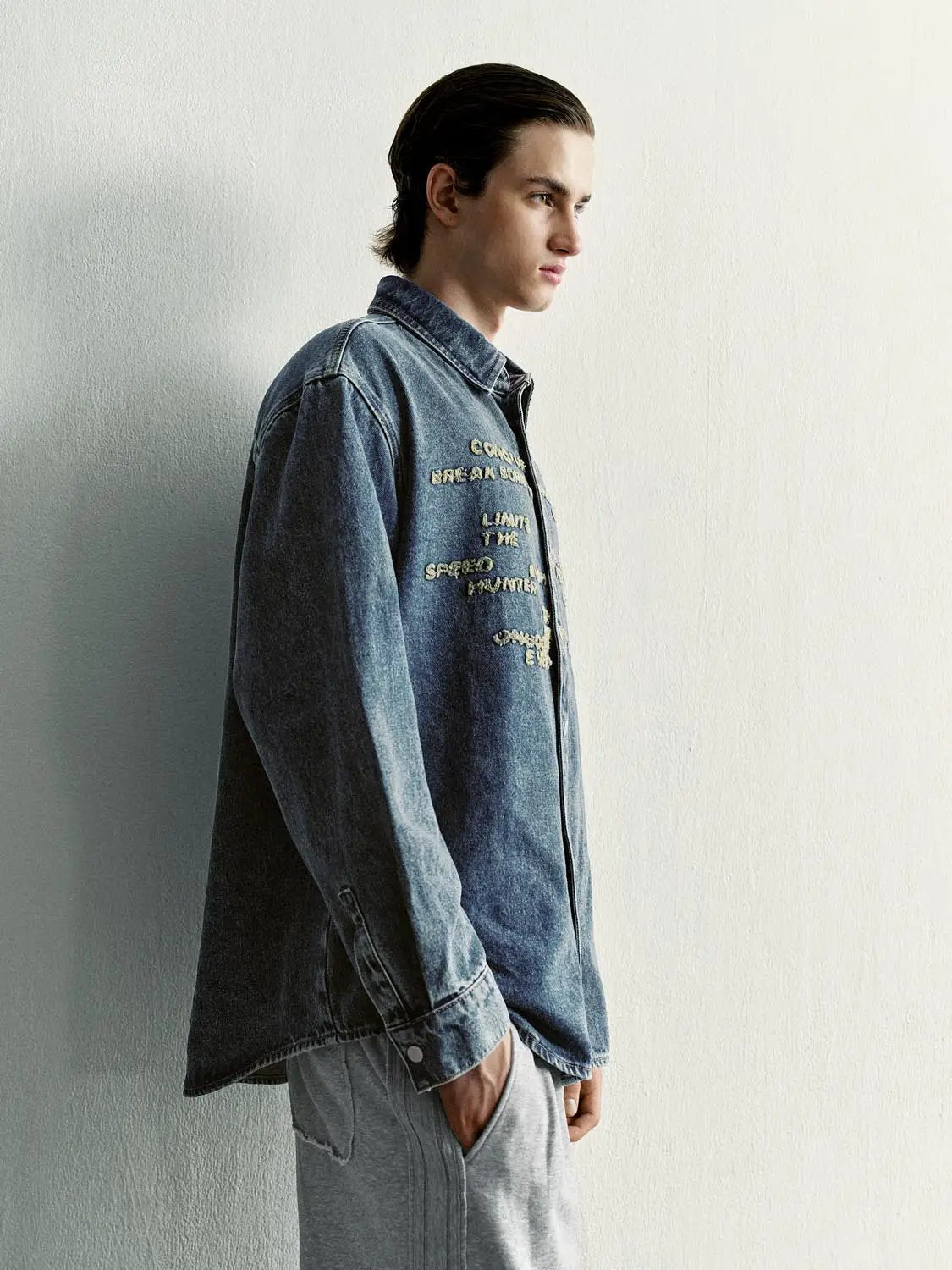 Text Embroidered Long Sleeve Cotton Denim Shirt