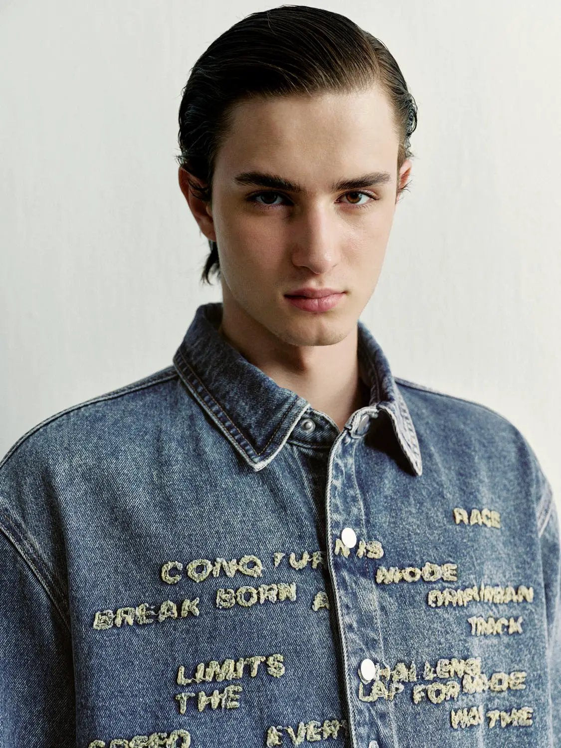 Text Embroidered Long Sleeve Cotton Denim Shirt
