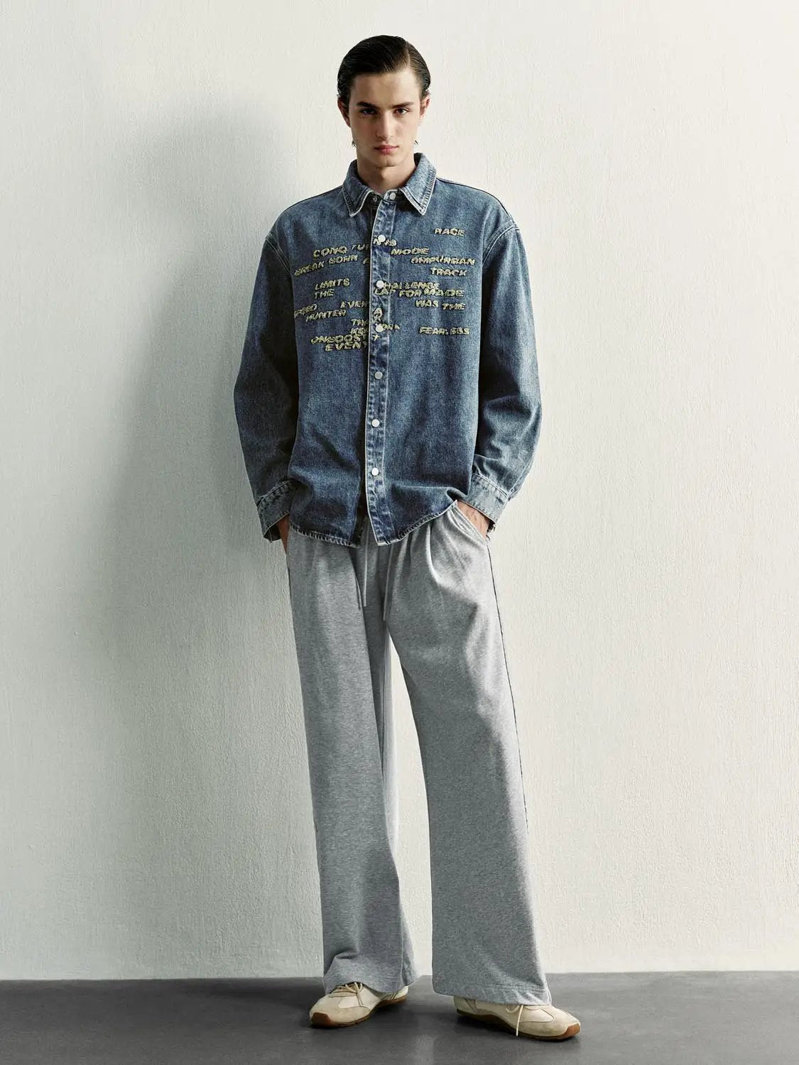 Text Embroidered Long Sleeve Cotton Denim Shirt