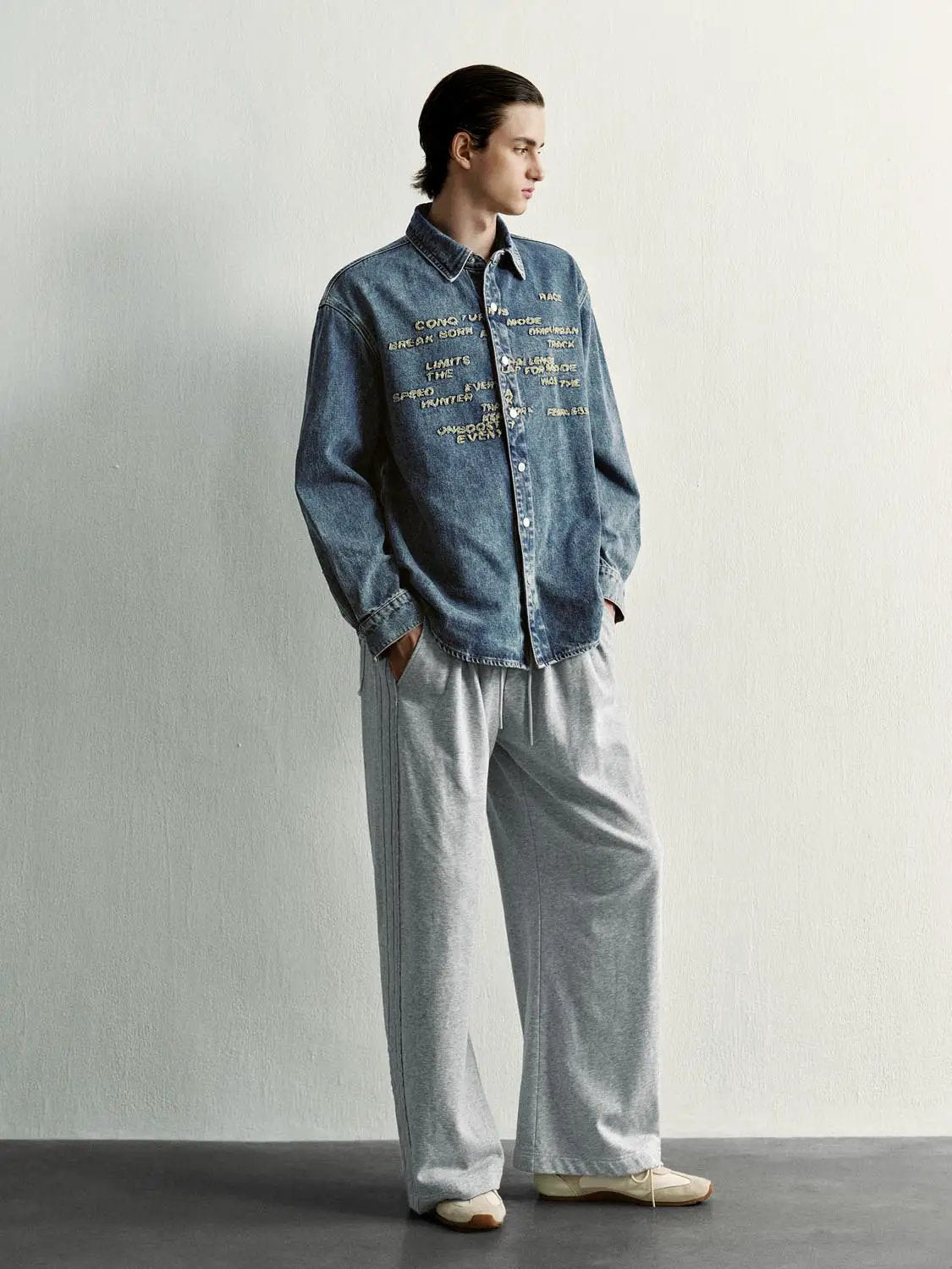 Text Embroidered Long Sleeve Cotton Denim Shirt