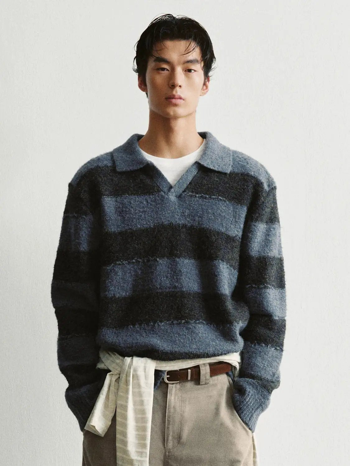 Striped Textured Polo Collar Long Sleeve Knit Pullover