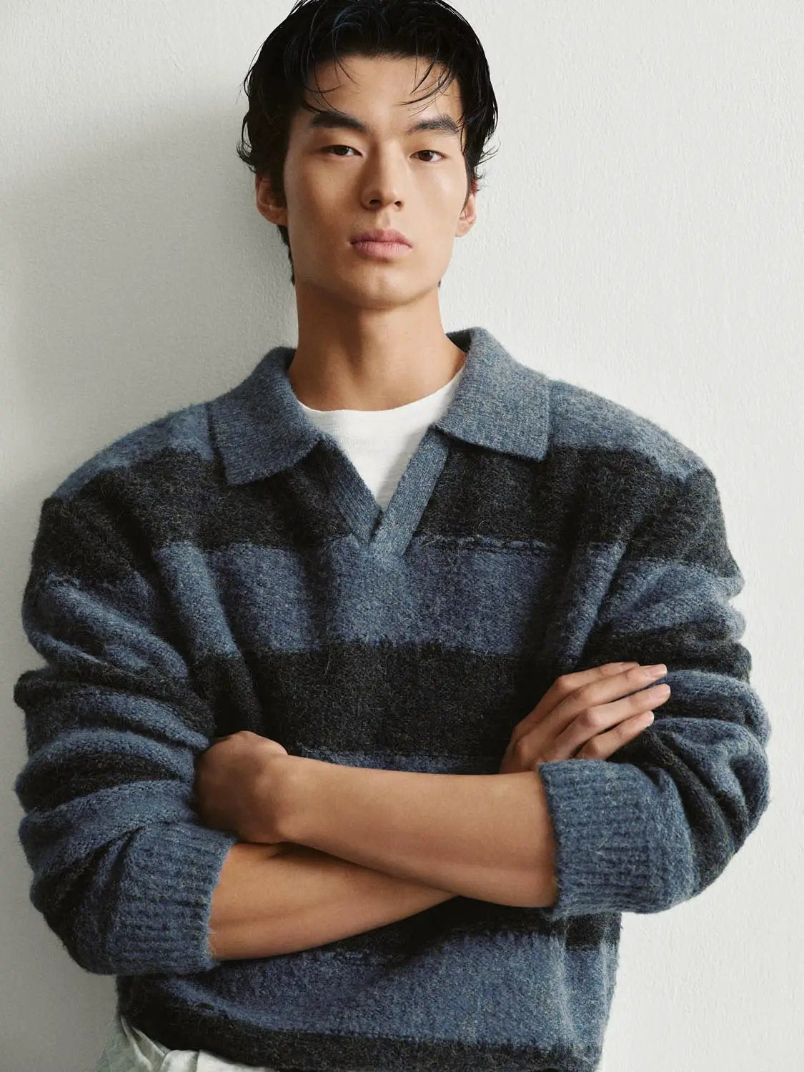 Striped Textured Polo Collar Long Sleeve Knit Pullover