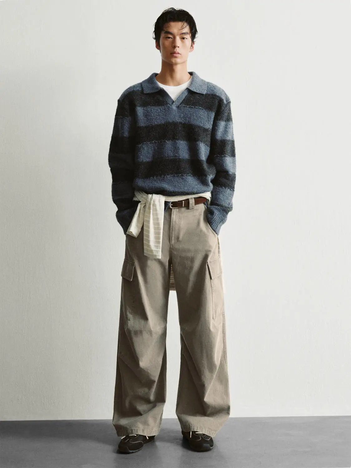 Striped Textured Polo Collar Long Sleeve Knit Pullover