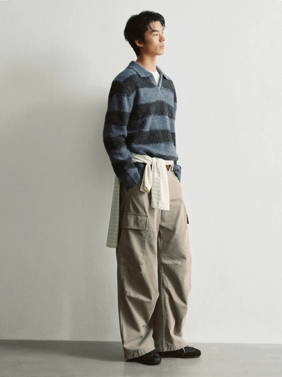 Striped Textured Polo Collar Long Sleeve Knit Pullover