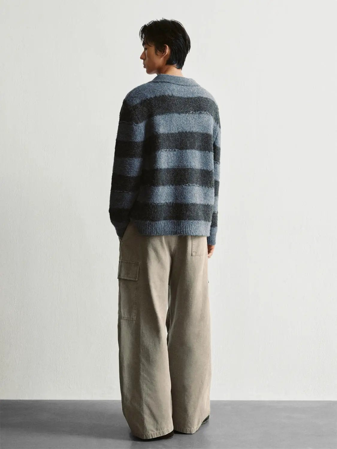 Striped Textured Polo Collar Long Sleeve Knit Pullover
