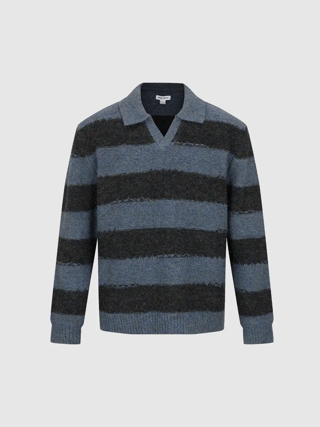 Striped Textured Polo Collar Long Sleeve Knit Pullover