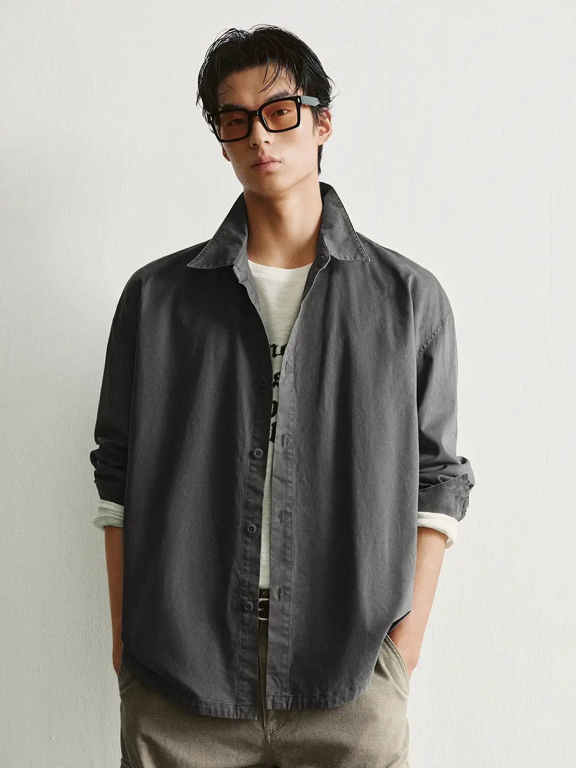 Button-front Shirt Collar Long Sleeve Cotton Shirt