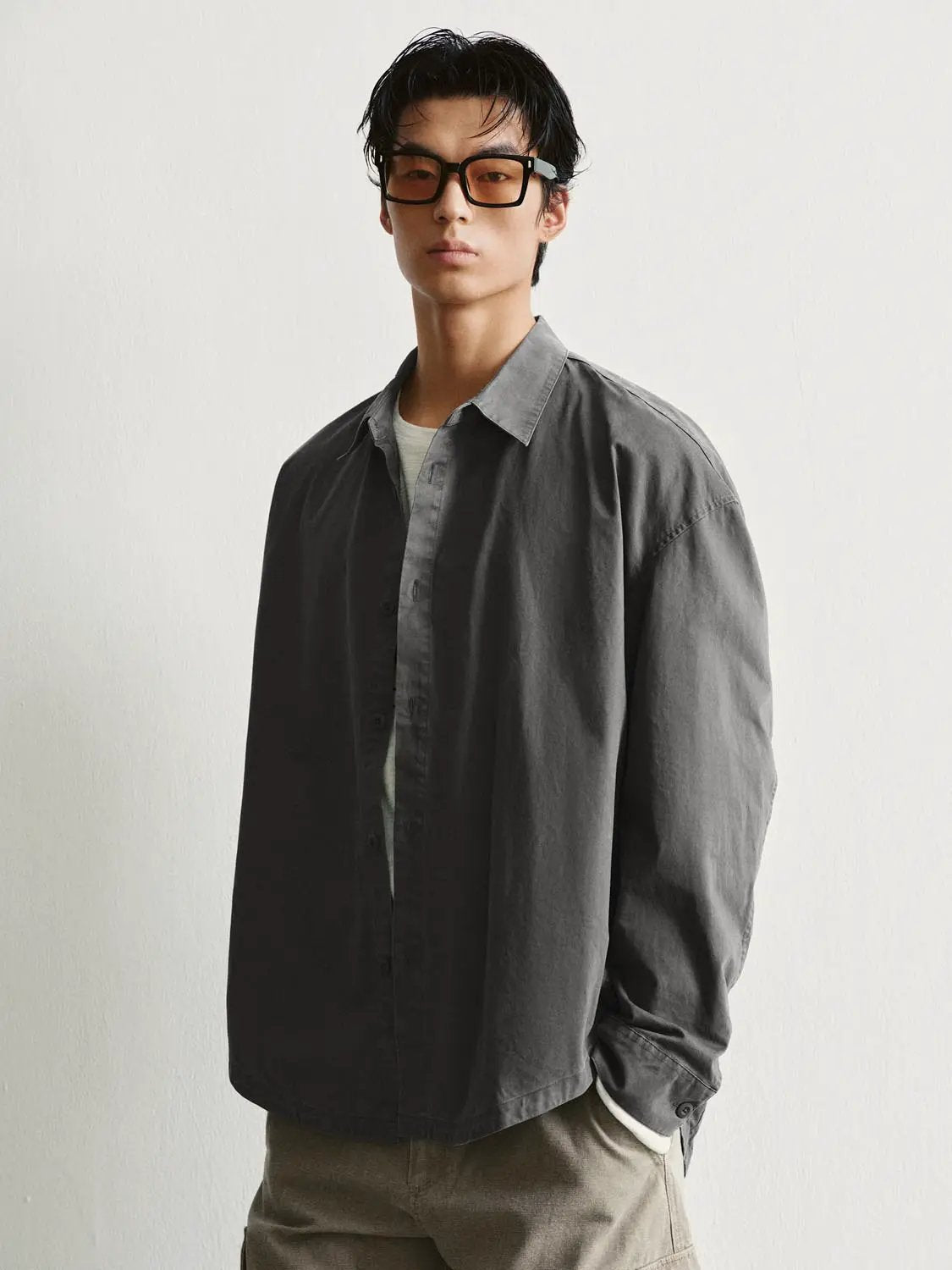 Button-front Shirt Collar Long Sleeve Cotton Shirt