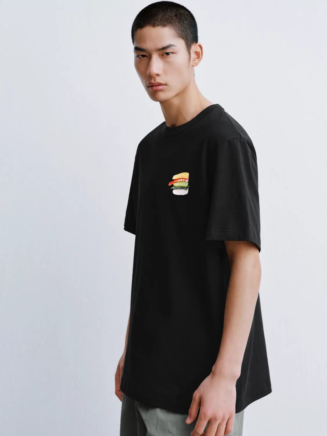 Crew Neck Burger Patch Loose Fit Cotton Short Sleeve T-Shirt