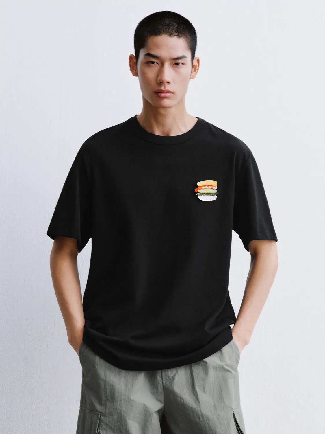 Crew Neck Burger Patch Loose Fit Cotton Short Sleeve T-Shirt