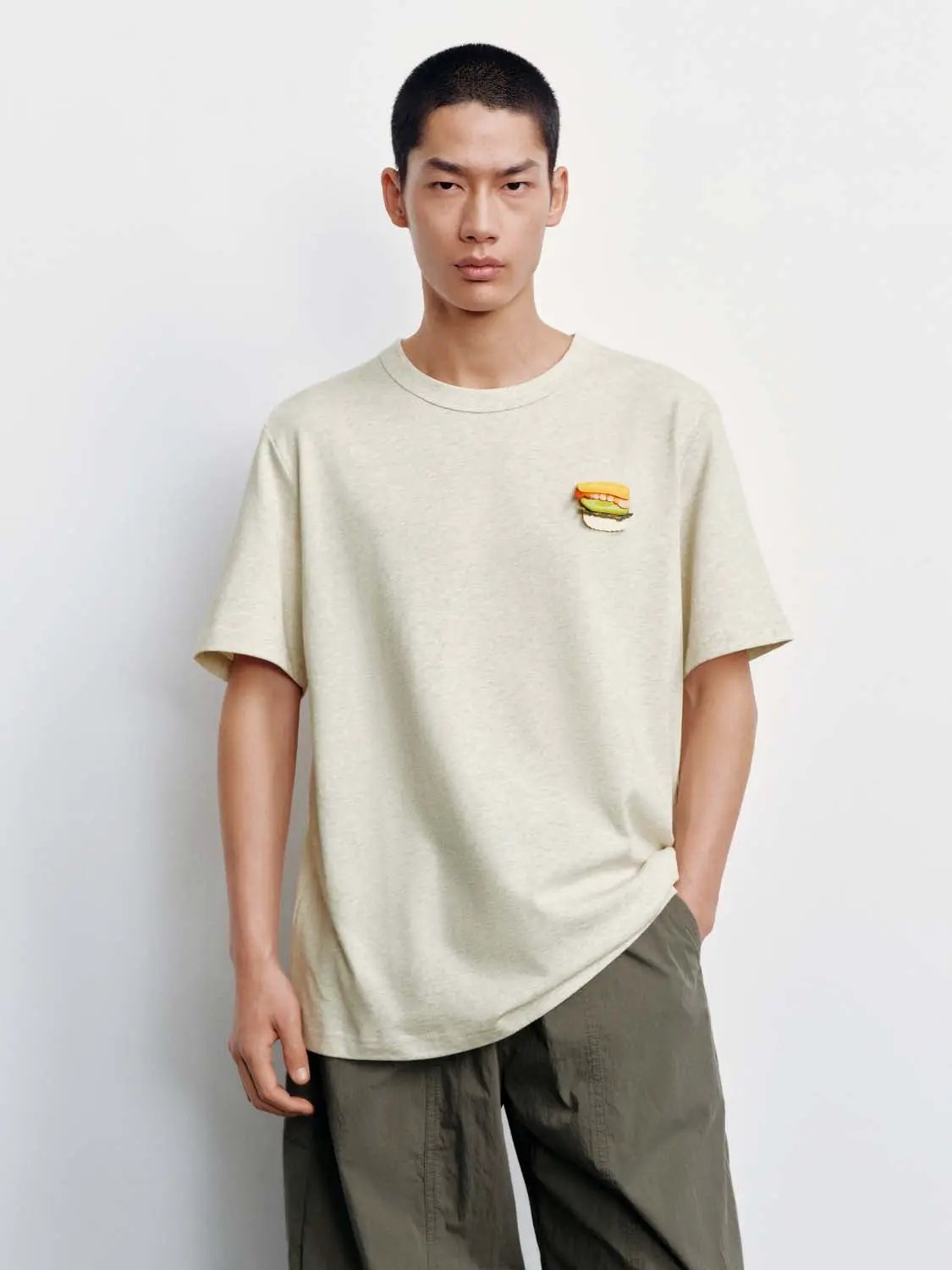 Crew Neck Burger Patch Loose Fit Cotton Short Sleeve T-Shirt