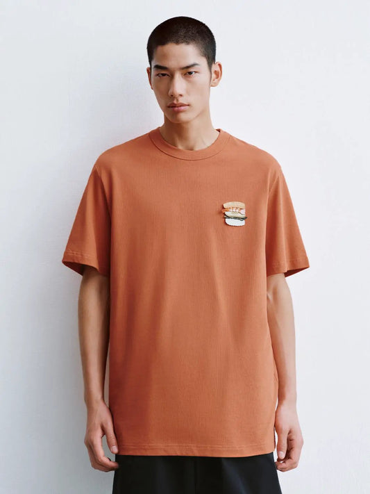 Crew Neck Burger Patch Loose Fit Cotton Short Sleeve T-Shirt