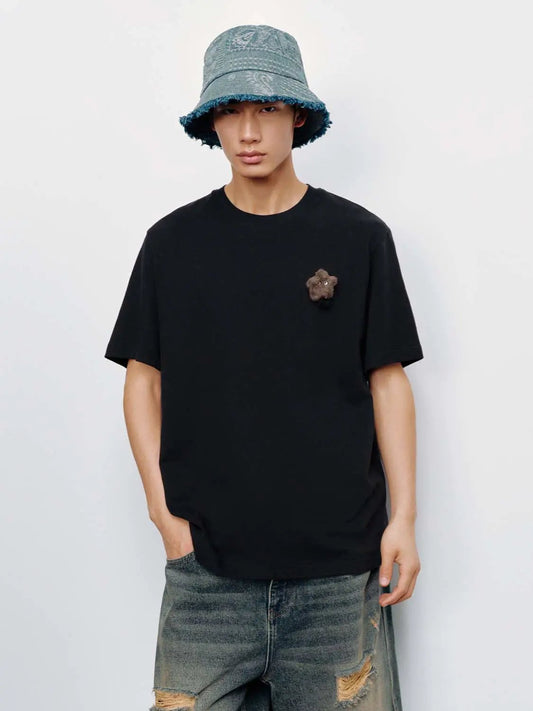 Embellished Plush Bear Patch Cotton Crew Neck T-Shirt