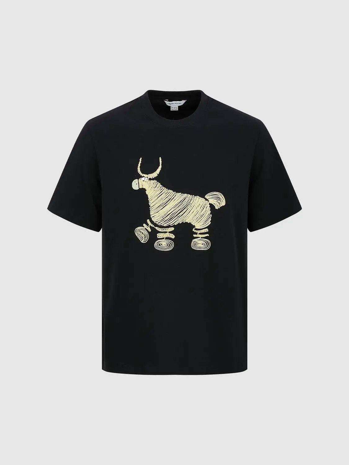 Embroidered Animal Crew Neck Short Sleeve Cotton T-Shirt