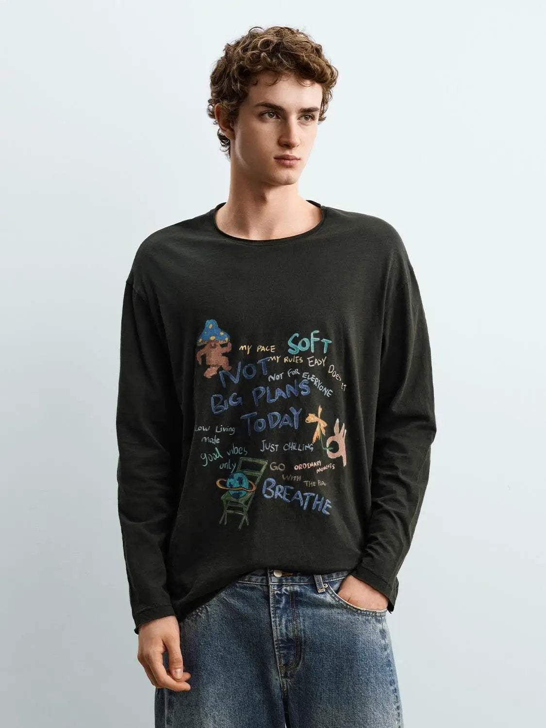 Printed Long Sleeve Crew Neck Cotton T-Shirt