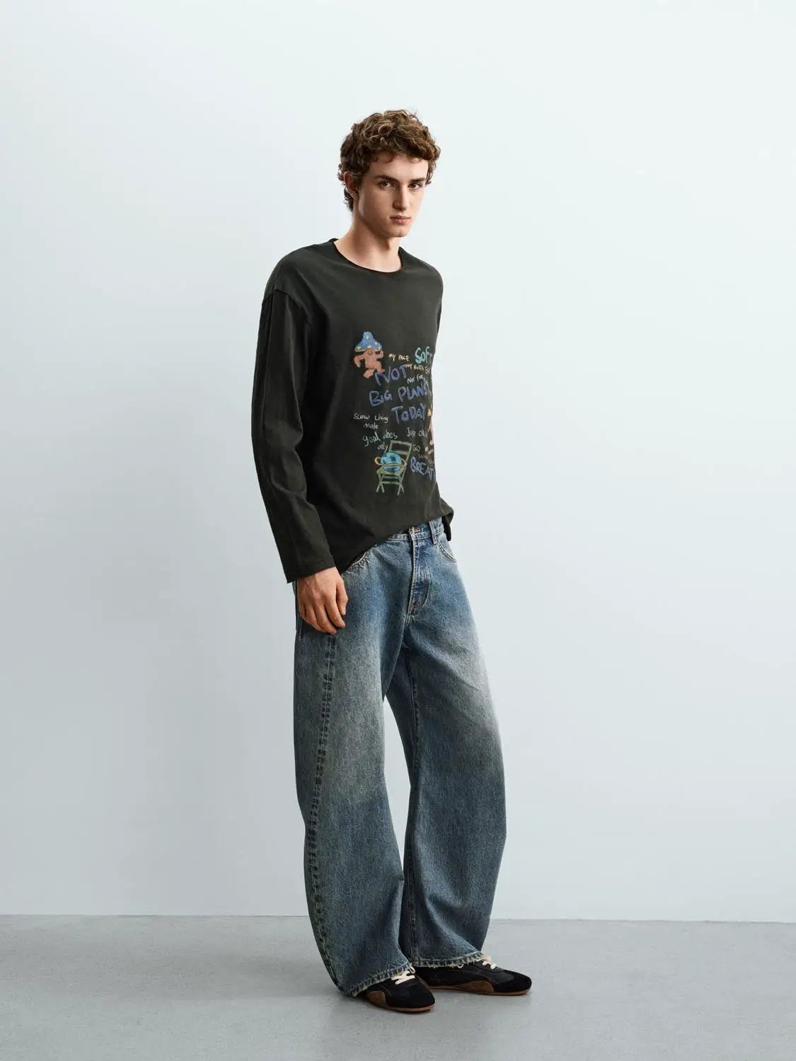 Printed Long Sleeve Crew Neck Cotton T-Shirt