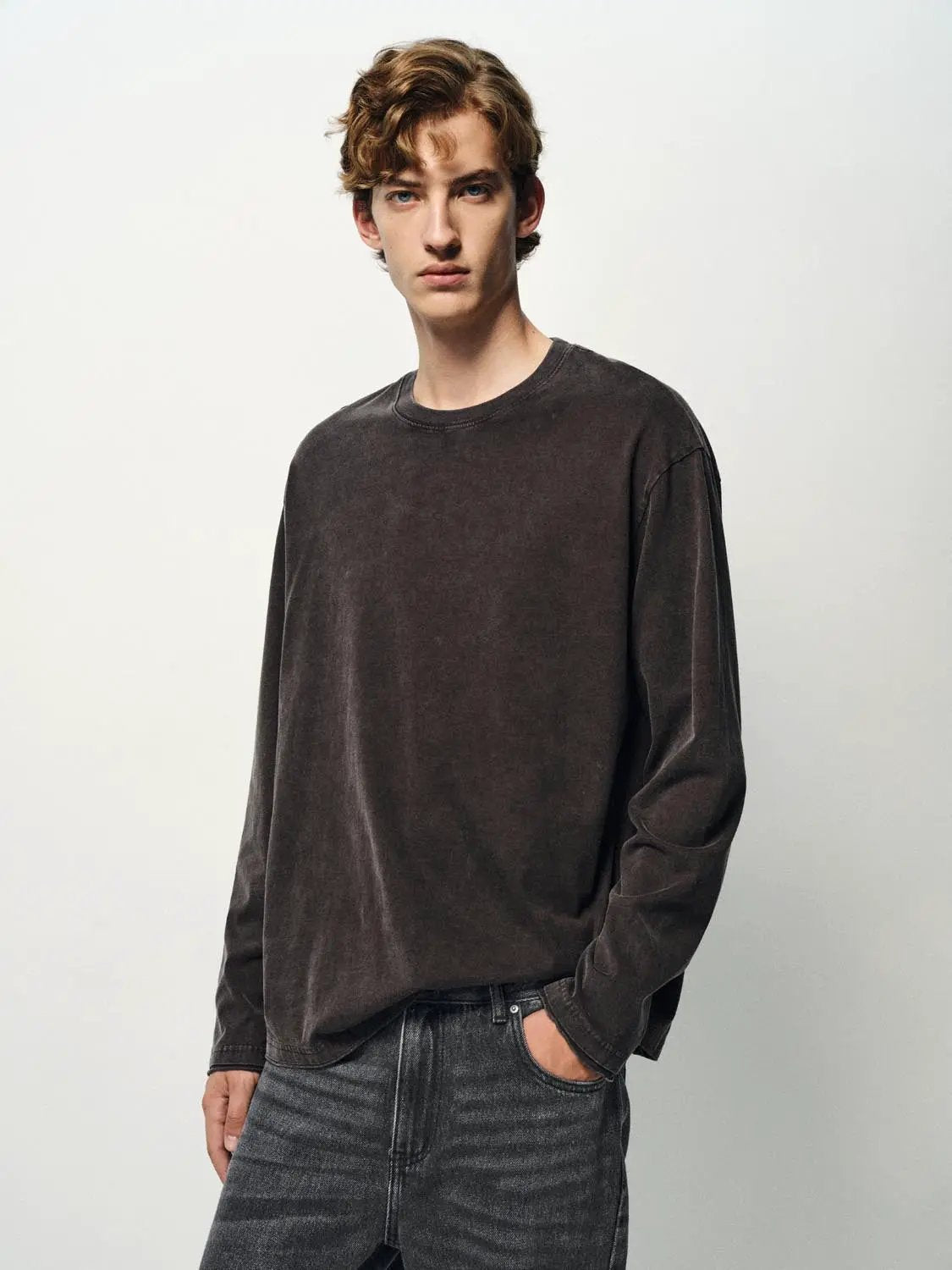 Oversized Washed Cotton Long Sleeve T-Shirt
