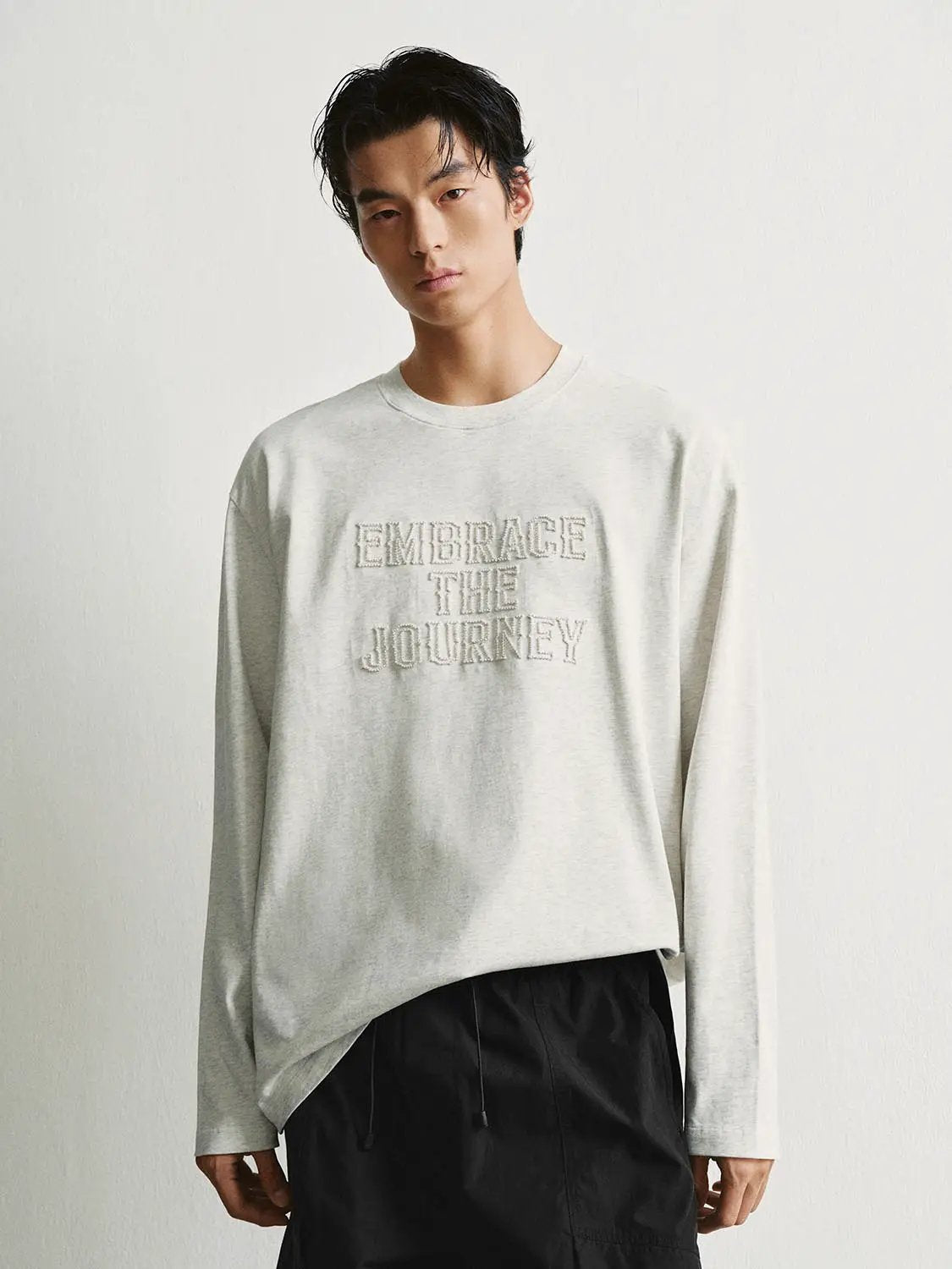 Embroidered Oversized Crew Neck Long Sleeve Cotton T-Shirt