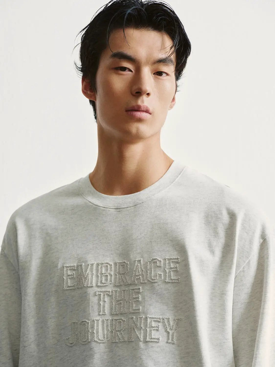 Embroidered Oversized Crew Neck Long Sleeve Cotton T-Shirt