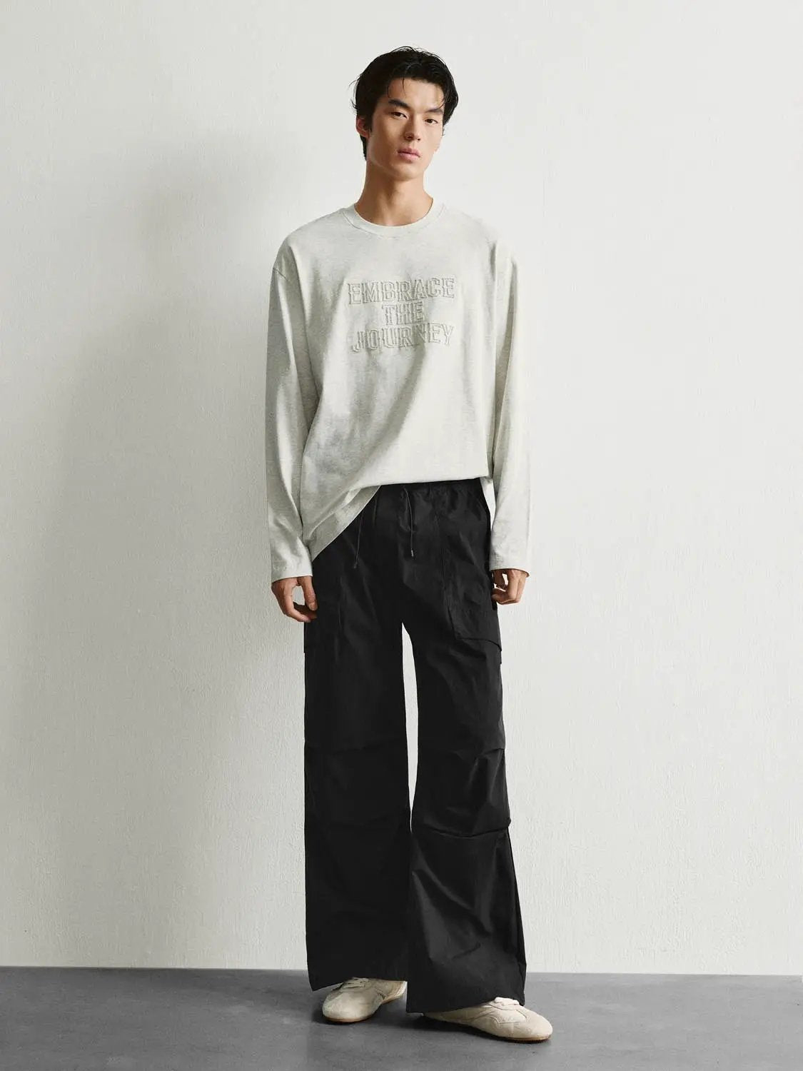 Embroidered Oversized Crew Neck Long Sleeve Cotton T-Shirt