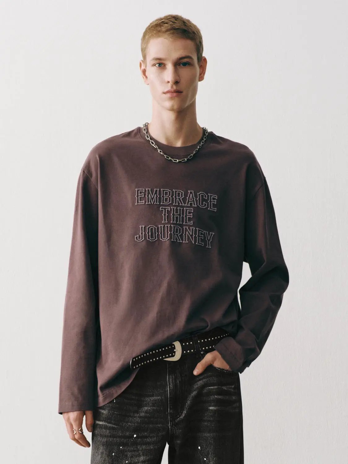 Embroidered Oversized Crew Neck Long Sleeve Cotton T-Shirt