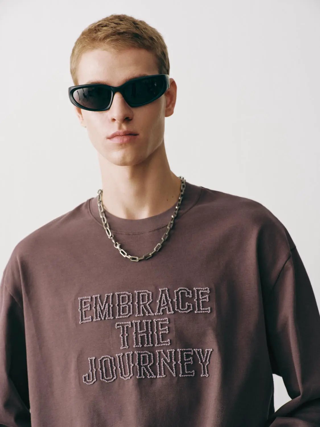 Embroidered Oversized Crew Neck Long Sleeve Cotton T-Shirt