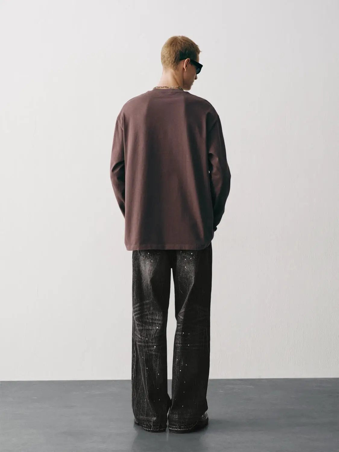 Embroidered Oversized Crew Neck Long Sleeve Cotton T-Shirt
