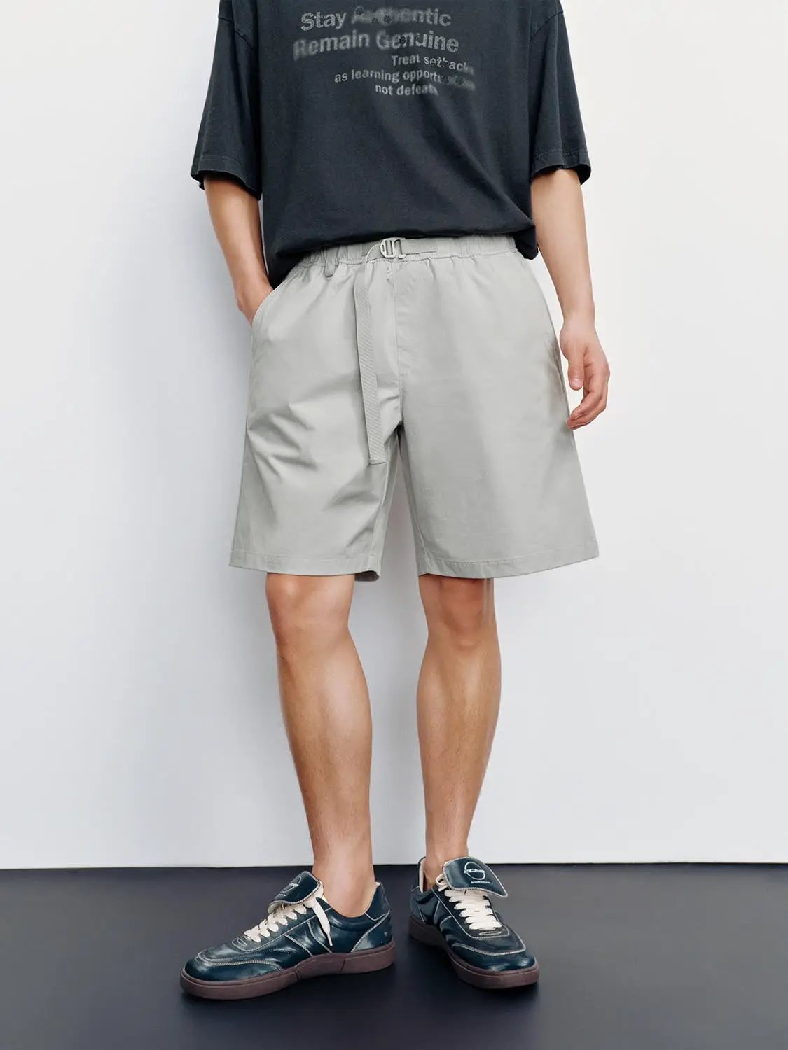 Belted Front Pocketed Stretch Relaxed Shorts