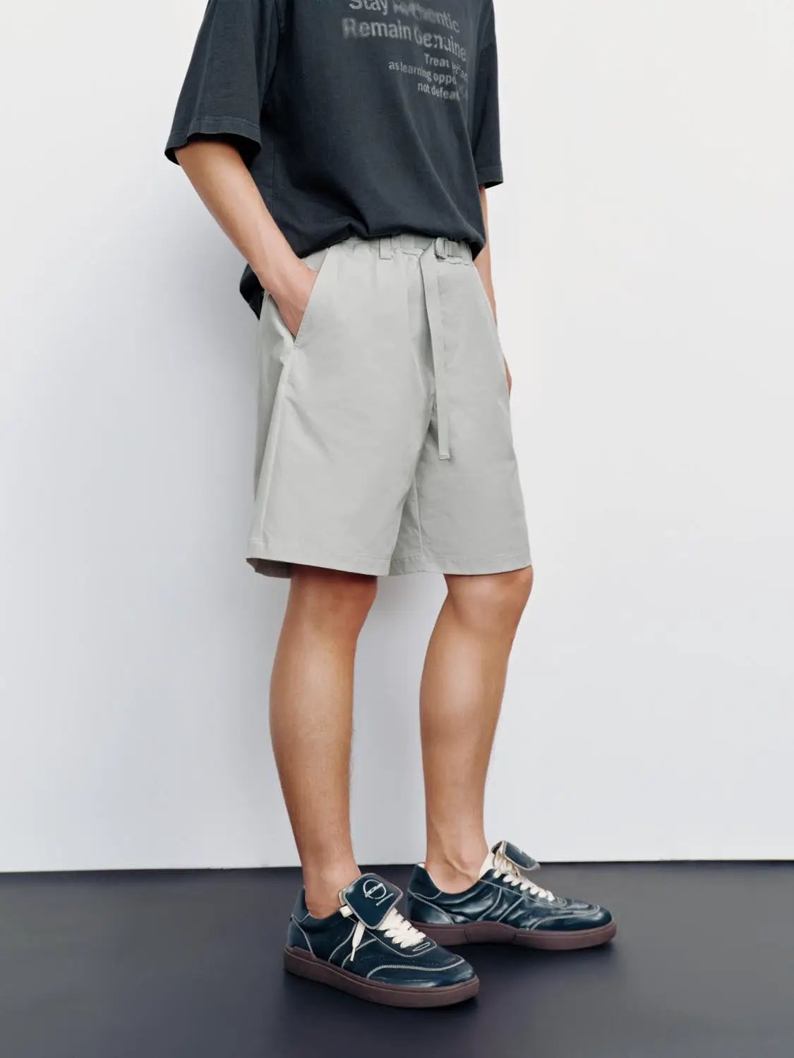 Belted Front Pocketed Stretch Relaxed Shorts
