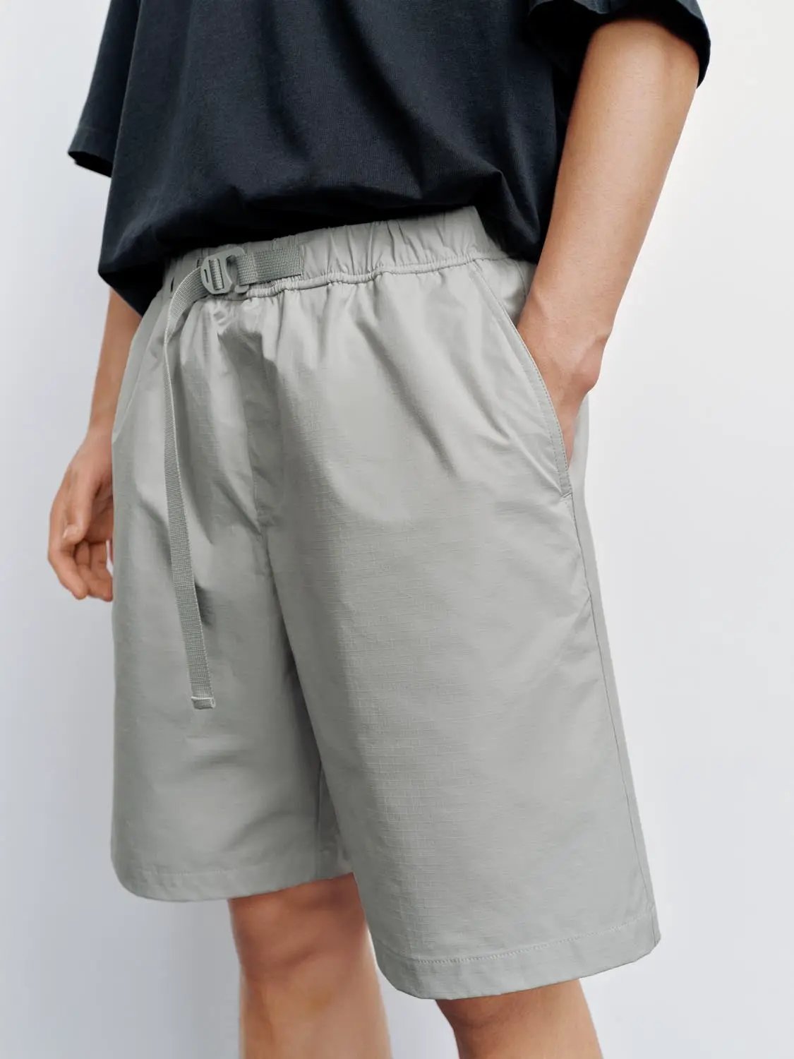 Belted Front Pocketed Stretch Relaxed Shorts
