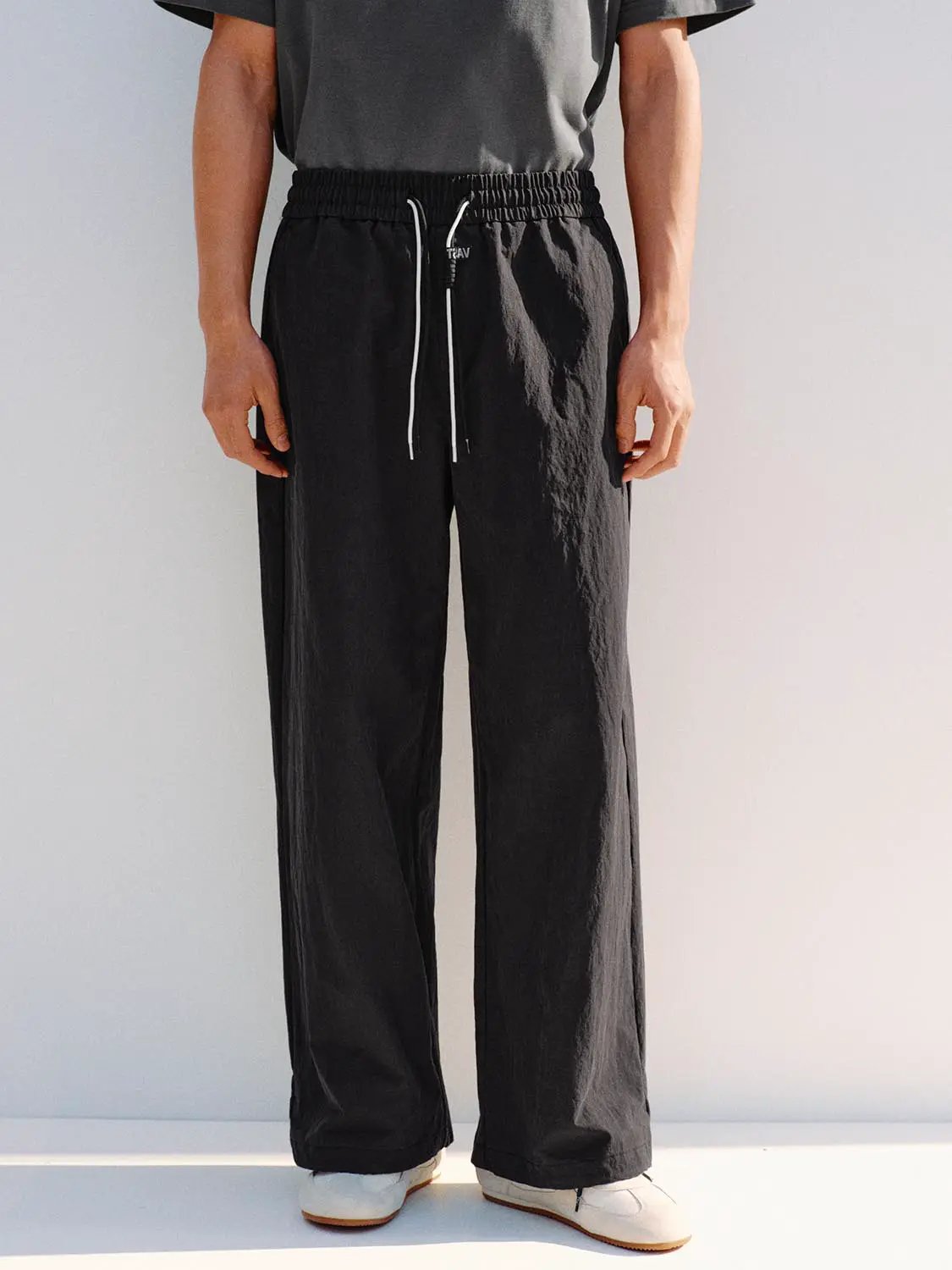 Wide-leg Cotton Blend Drawstring Waist Pants