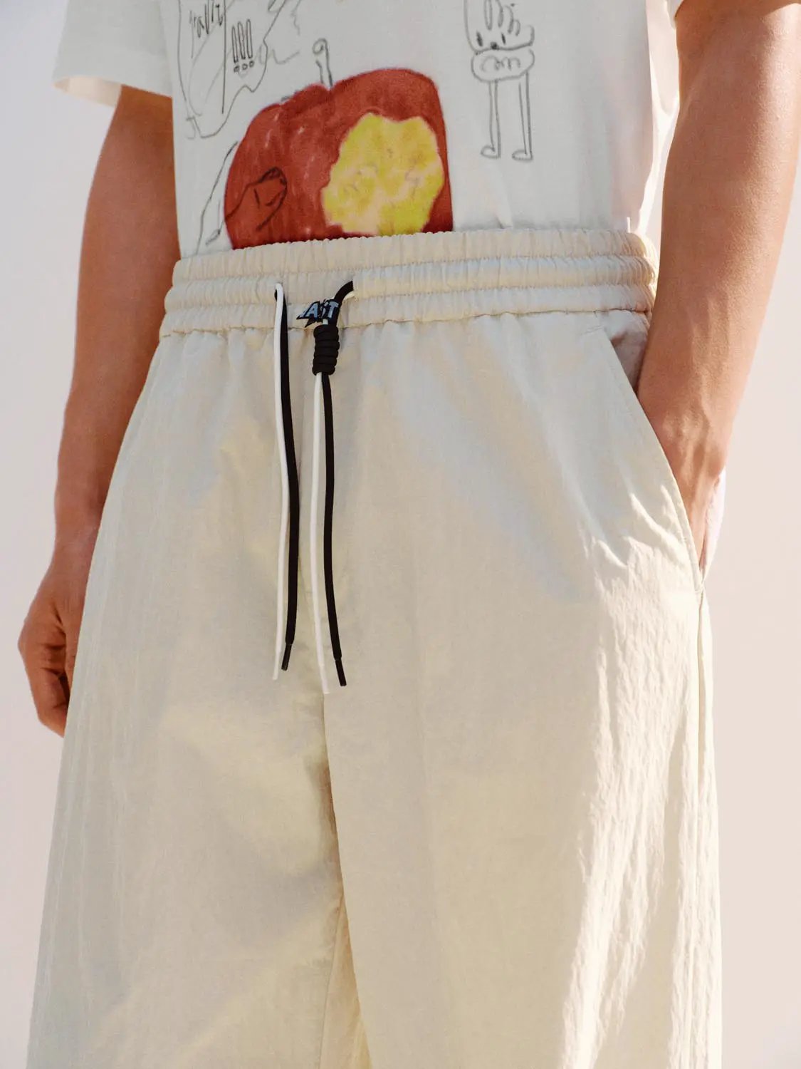 Wide-leg Cotton Blend Drawstring Waist Pants
