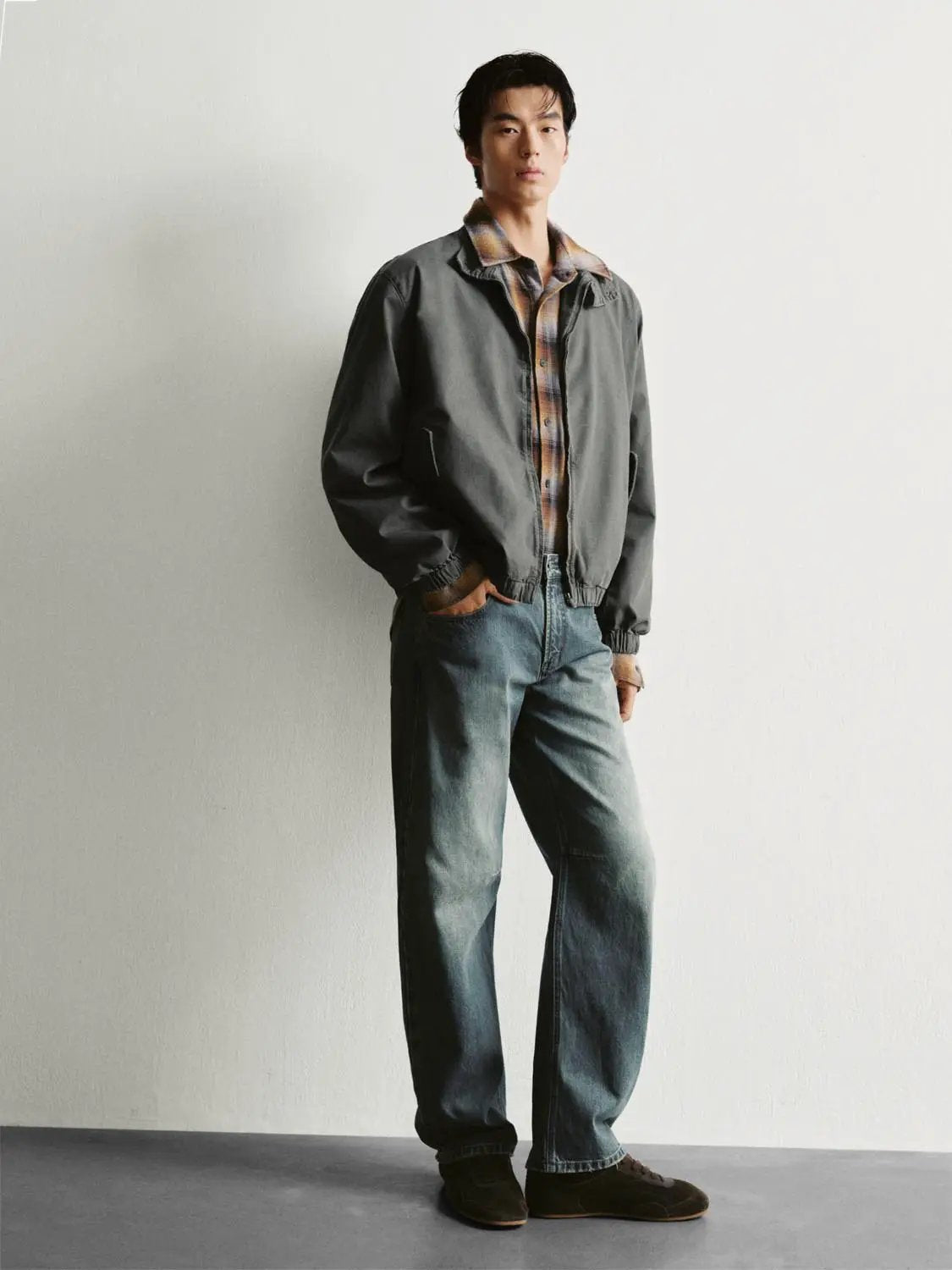 Zipper Ruched Hem Collar Long Sleeve Cotton Blend Jacket