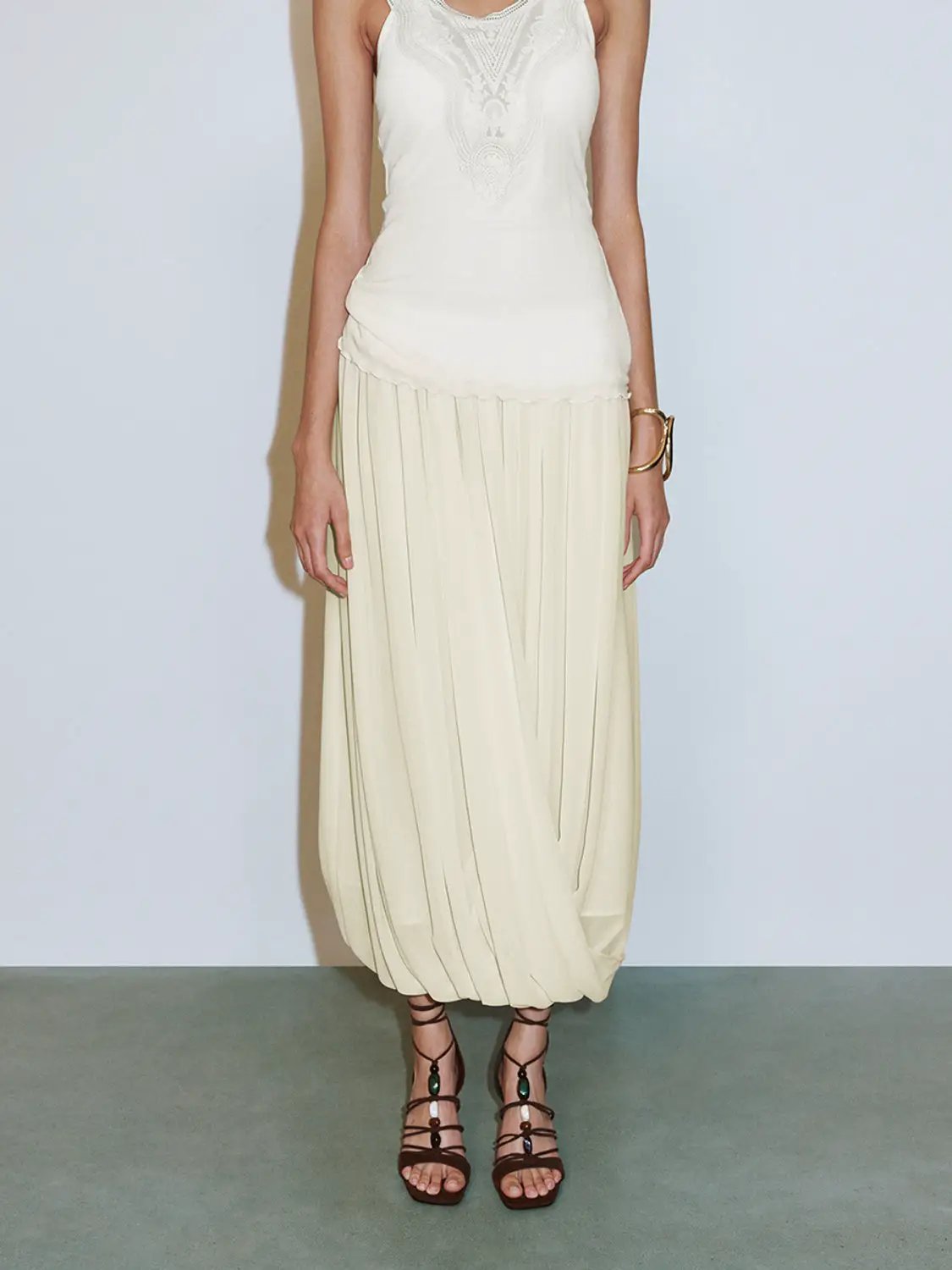 Elastic Waist Draped Pleated Bubble Hem Maxi Skirt