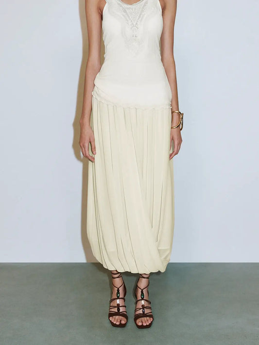 Elastic Waist Draped Pleated Bubble Hem Maxi Skirt